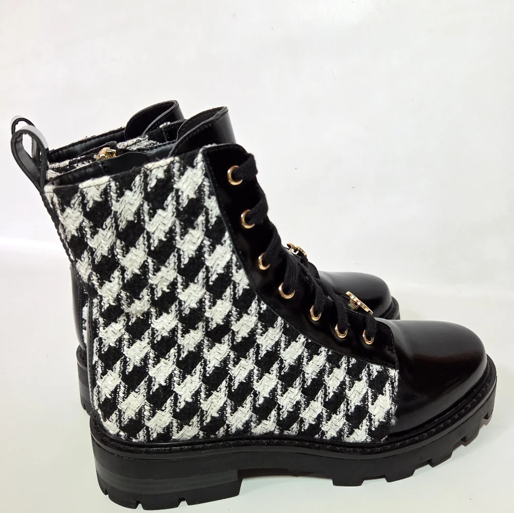 Karl Lagerfeld Paris Mela Everyday Patent Leather Houndstooth Combat Boot 7.5 - Picture 8 of 15